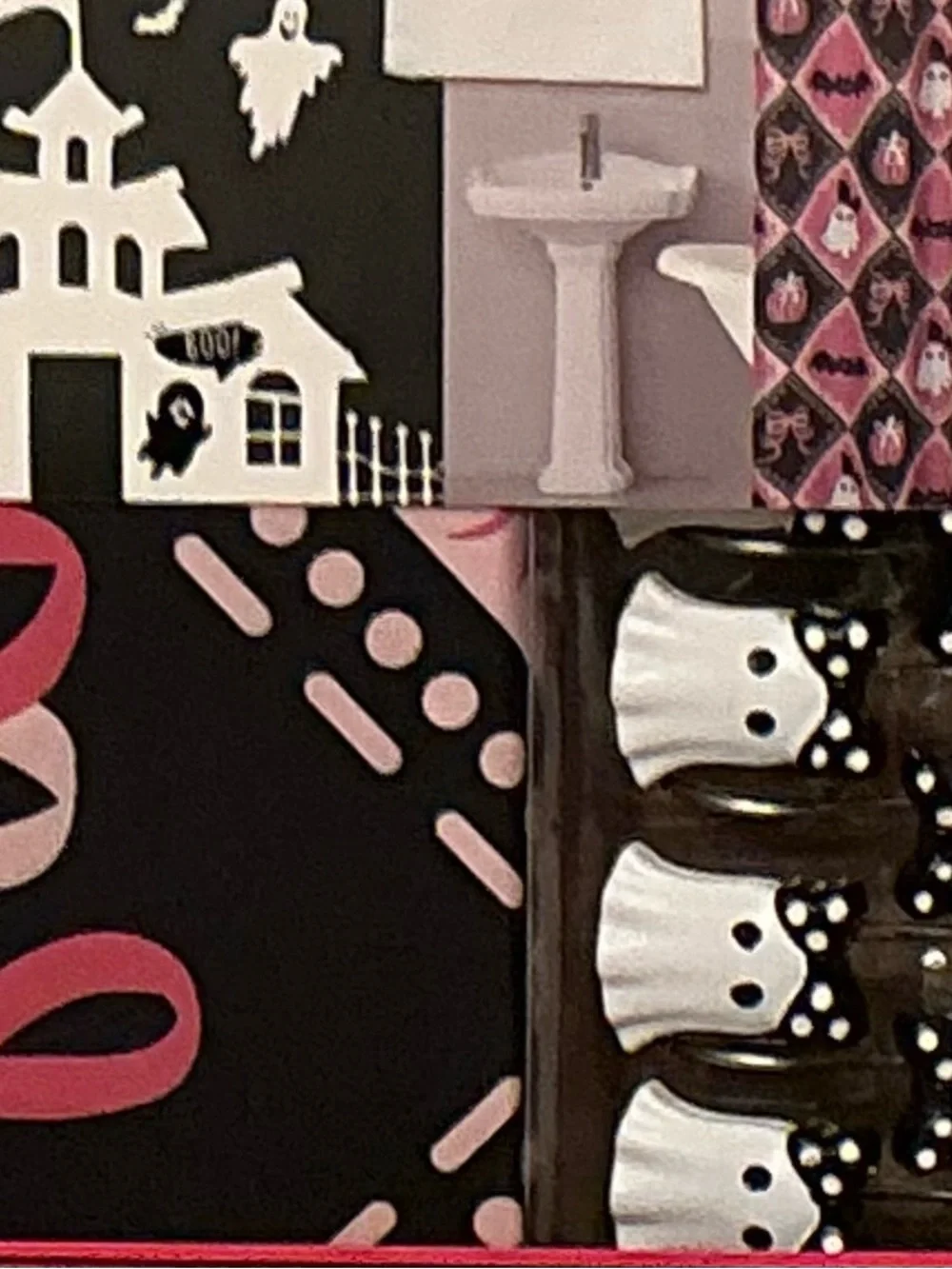 BOO PORIUM Black & Pink Ghost & Pumpkins Shower Curtain Set with Ghost Hooks